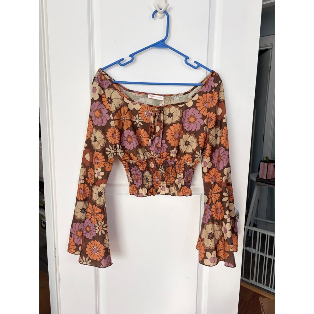 NWT Romwe Retro 70s Floral Crop Top Brown Smocked Flared Bell Sleeve Hippie Chic